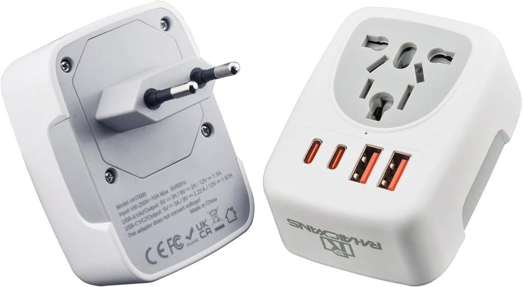 RHAICXANS European Travel Power Adapter with 4-Port Charging | 2x 20W USB-C & 2x 18W USB-A Fast Charge | EU Socket for Germany, France, Spain, Italy, Greece & More