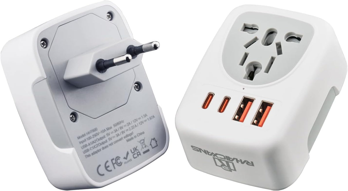 RHAICXANS European Travel Power Adapter with 4-Port Charging | 2x 20W USB-C & 2x 18W USB-A Fast Charge | EU Socket for Germany, France, Spain, Italy, Greece & More