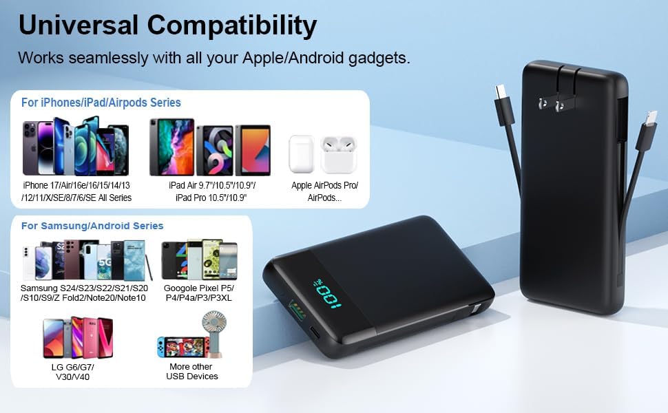 AONIMI Portable Charger for iPhone, 13800mAh Slim Power Bank with Built-in Cables & AC Wall Plug, All in One 4 Outputs USB C Fast Charging Battery Pack Power bank for iPhone 17/16/15/14, Android, Travel Essential