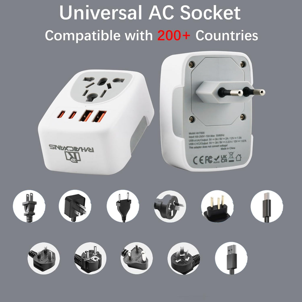 RHAICXANS European Travel Power Adapter with 4-Port Charging | 2x 20W USB-C & 2x 18W USB-A Fast Charge | EU Socket for Germany, France, Spain, Italy, Greece & More