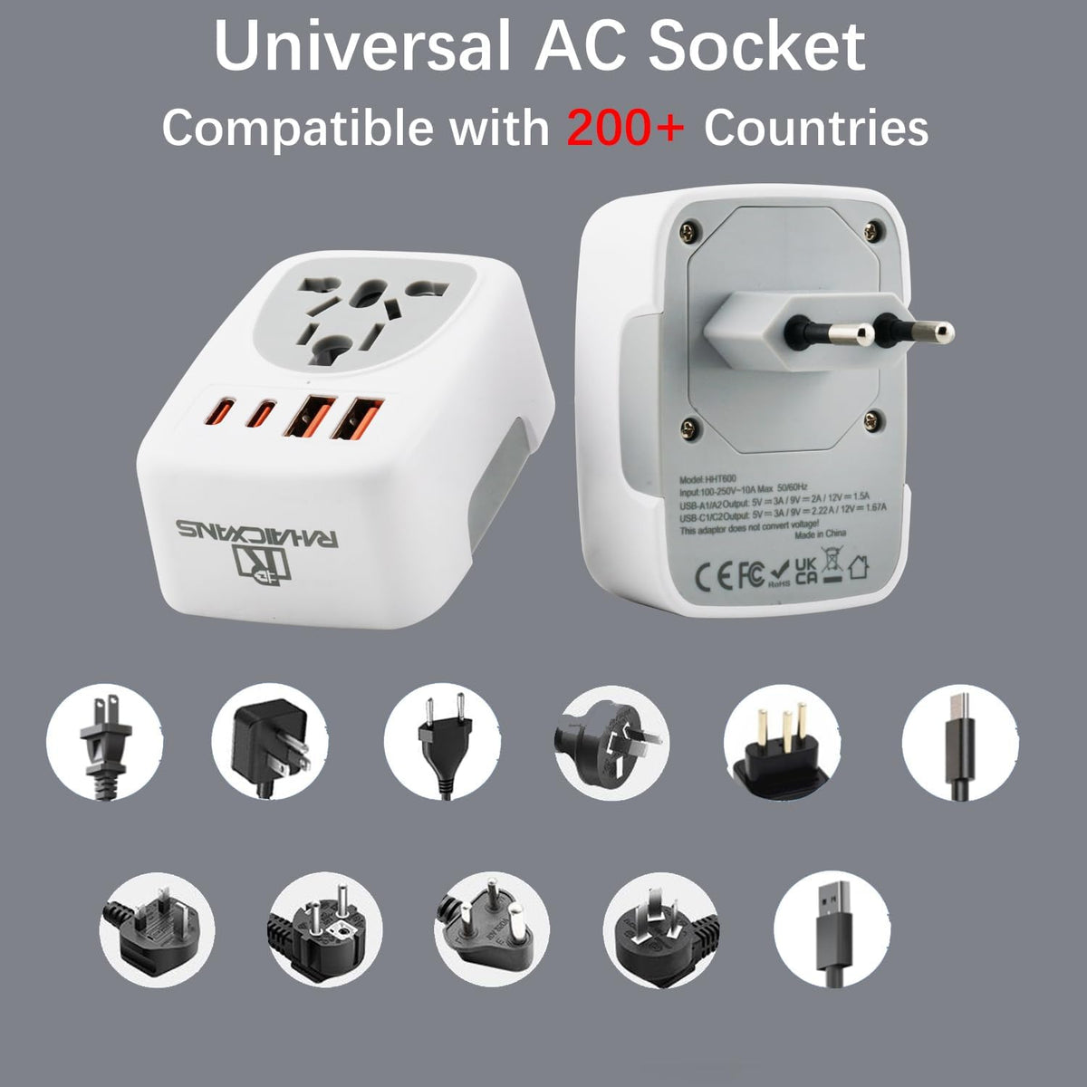 RHAICXANS European Travel Power Adapter with 4-Port Charging | 2x 20W USB-C & 2x 18W USB-A Fast Charge | EU Socket for Germany, France, Spain, Italy, Greece & More