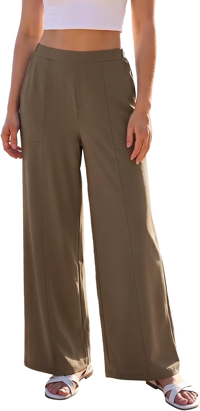 Keeliya Womens Travel Pants Wide Leg Mid Rise Work Office Trousers Business Pant with Pockets(Mocha,XS)