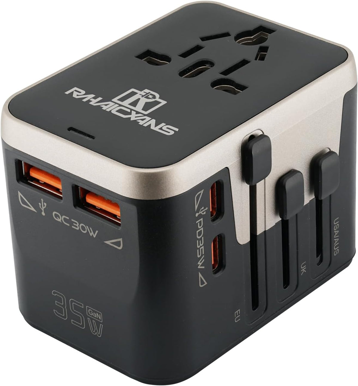 RHAICXANS Worldwide 35W Travel Adapter Fast Charger 4-in-1 International Wall Plug with 2 USB-A & 2 USB-C Ports, All-in-One AC Outlet for US, UK, EU, AUS, Asia