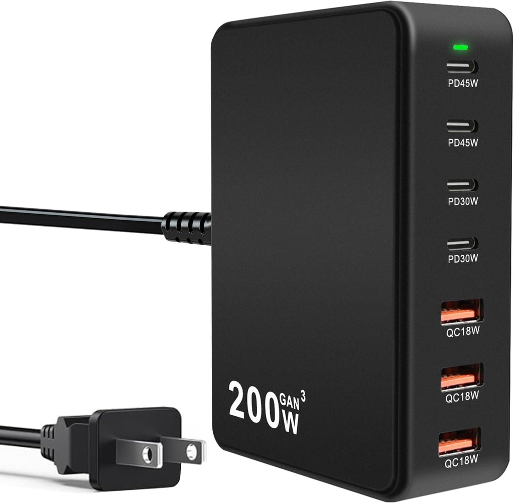 From Cacacece: USB C Charger Block 200W PD QC3.0 GaN 7 Port Fast Charging Station (Black) Multiport USB Hub Brick Compatible with Laptop MacBook Pro/Air, iPad, iPhone 17/16/15, Galaxy S23/22, DELL, Steam Deck