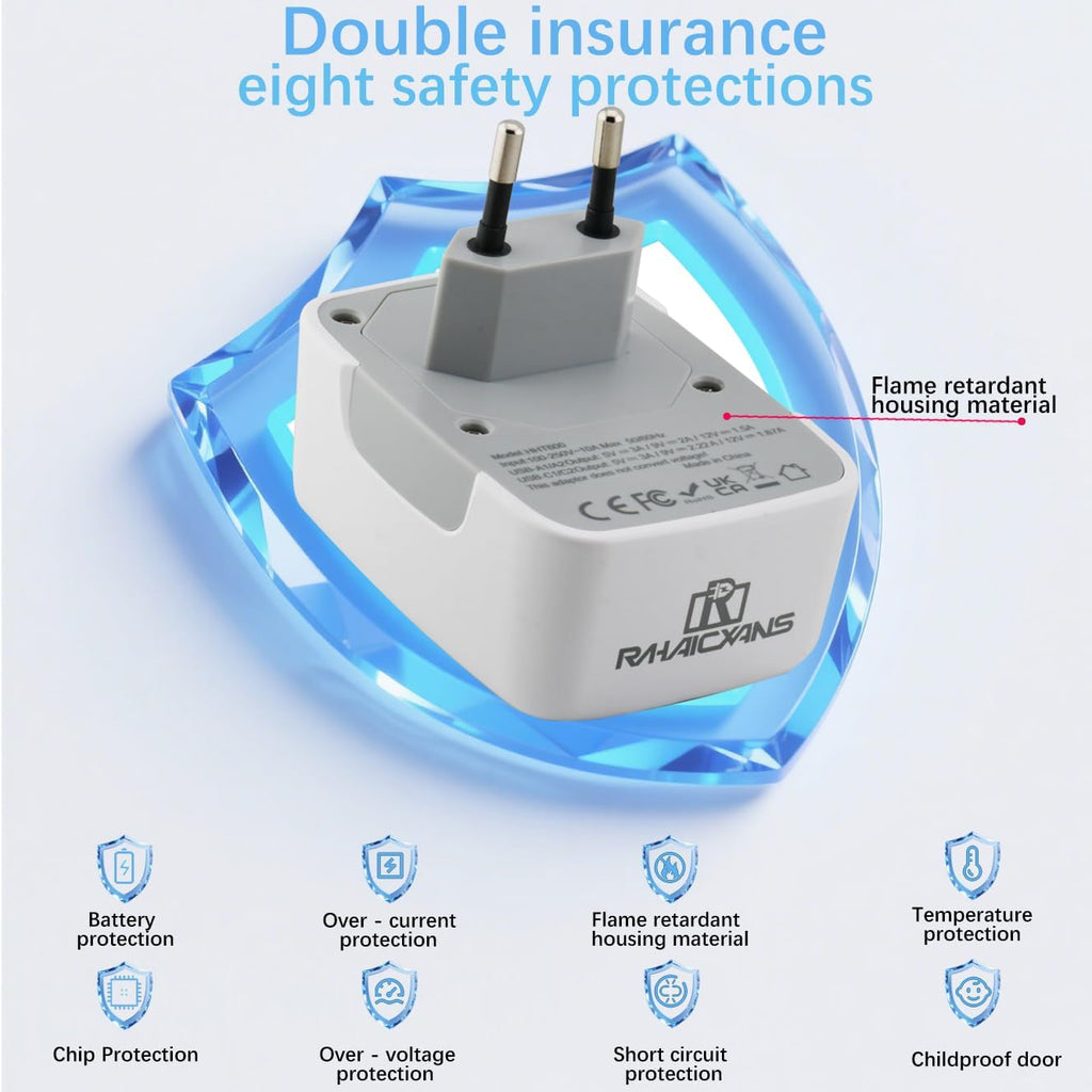 RHAICXANS European Travel Power Adapter with 4-Port Charging | 2x 20W USB-C & 2x 18W USB-A Fast Charge | EU Socket for Germany, France, Spain, Italy, Greece & More
