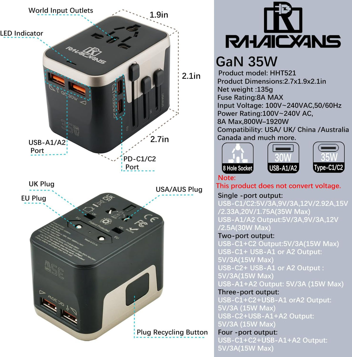 RHAICXANS Worldwide 35W Travel Adapter Fast Charger 4-in-1 International Wall Plug with 2 USB-A & 2 USB-C Ports, All-in-One AC Outlet for US, UK, EU, AUS, Asia