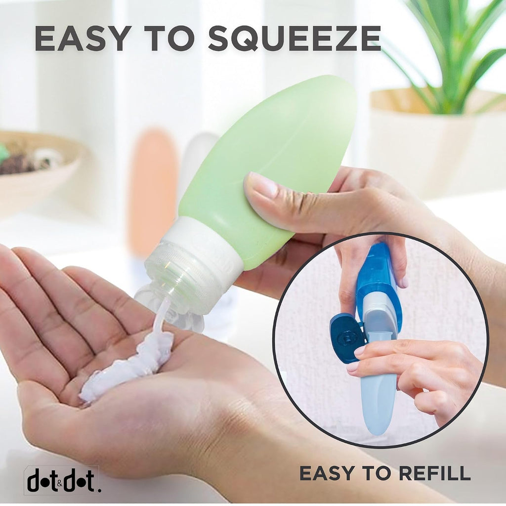 Dot & Dot Leak Proof Travel Bottles - Tubes for Liquid TSA Approved 3oz Silicone Toiletries Travel Shampoo & Conditioner Containers with Labels
