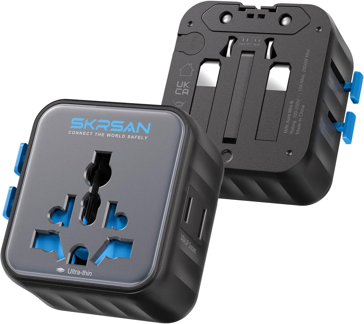 From SKRSAN: Aura Mini Universal Travel Adapter 2 Pack, Ultra-Compact International Plug for 200+ Countries (US/EU/UK/AU/AS), High-Power 10A Portable Power Converter for Business Trip (Midnight Black)