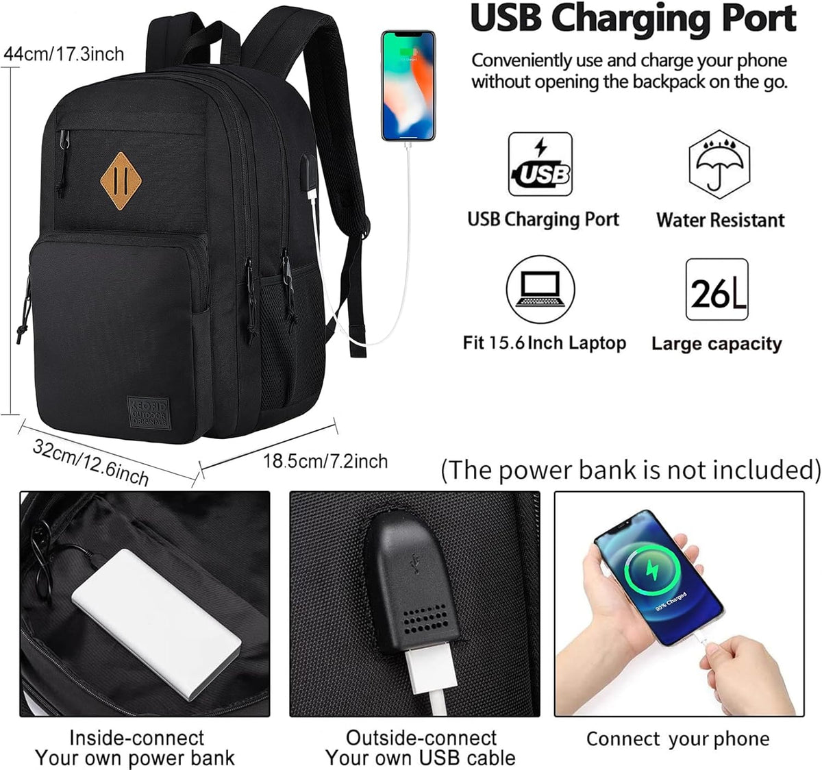 KEOFID Travel backpack for Men and Women, Anti Theft Laptop Backpack with USB Charging Port for Work, Large Bag for College, Carry-on Backpack with Luggage Strap, Water Resistent(Black)