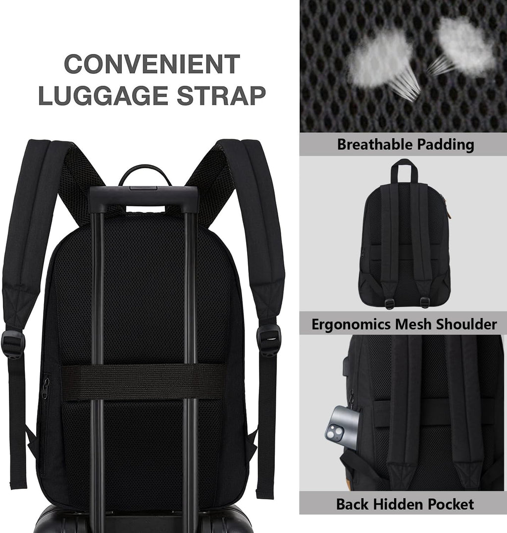 KEOFID Travel backpack for Men and Women, Anti Theft Laptop Backpack with USB Charging Port for Work, Large Bag for College, Carry-on Backpack with Luggage Strap, Water Resistent(Black)