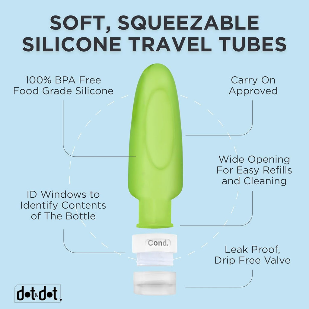 Dot & Dot Leak Proof Travel Bottles - Tubes for Liquid TSA Approved 3oz Silicone Toiletries Travel Shampoo & Conditioner Containers with Labels