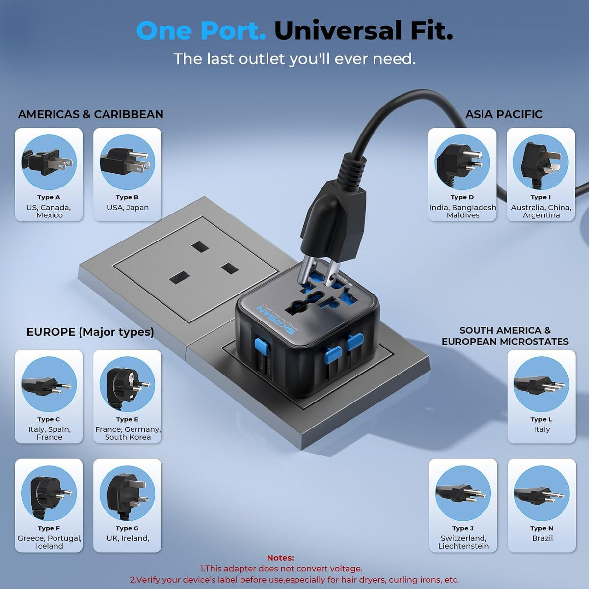 From SKRSAN: Aura Mini Universal Travel Adapter 2 Pack, Ultra-Compact International Plug for 200+ Countries (US/EU/UK/AU/AS), High-Power 10A Portable Power Converter for Business Trip (Midnight Black)