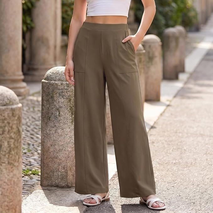 Keeliya Womens Travel Pants Wide Leg Mid Rise Work Office Trousers Business Pant with Pockets(Mocha,XS)