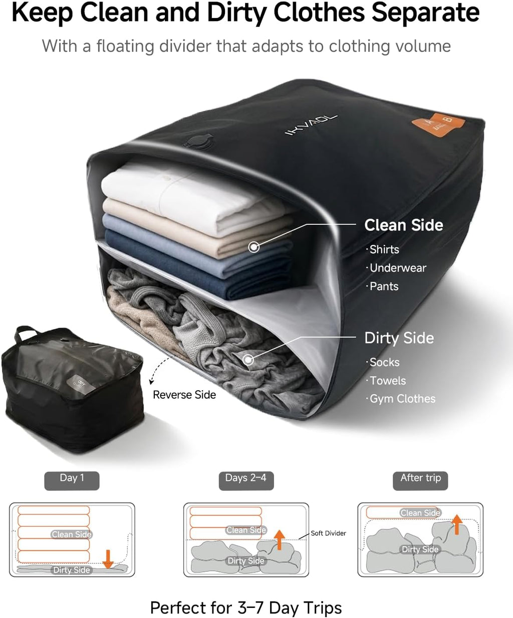IKVAOL Travel Vacuum Bags with Pump, Dual-Zone for Clean & Dirty Clothes 2 Pack | Fresh & Used Separation with Odor-Lock, Laundry with Slide Divider, Airtight Compression, Carry-On Space Saver, TSA-Approved