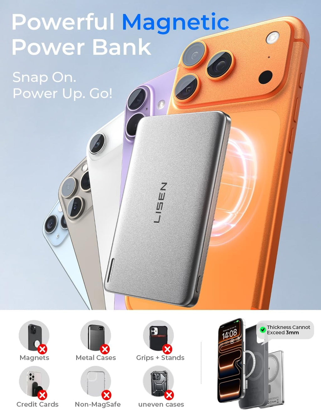 LISEN 0.3'' Ultra Slim Magnetic Power Bank for iPhone Qi2 MagSafe Portable | Qi2 Certified & Slim MagSafe Battery Pack Power Bank,5000mAh Wireless Magnetic Portable Charger for iPhone 17 16 15 14 13 12