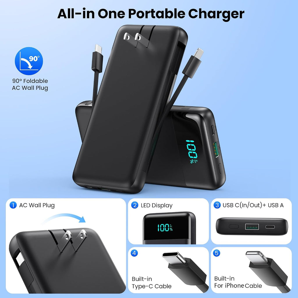 AONIMI Portable Charger for iPhone, 13800mAh Slim Power Bank with Built-in Cables & AC Wall Plug, All in One 4 Outputs USB C Fast Charging Battery Pack Power bank for iPhone 17/16/15/14, Android, Travel Essential