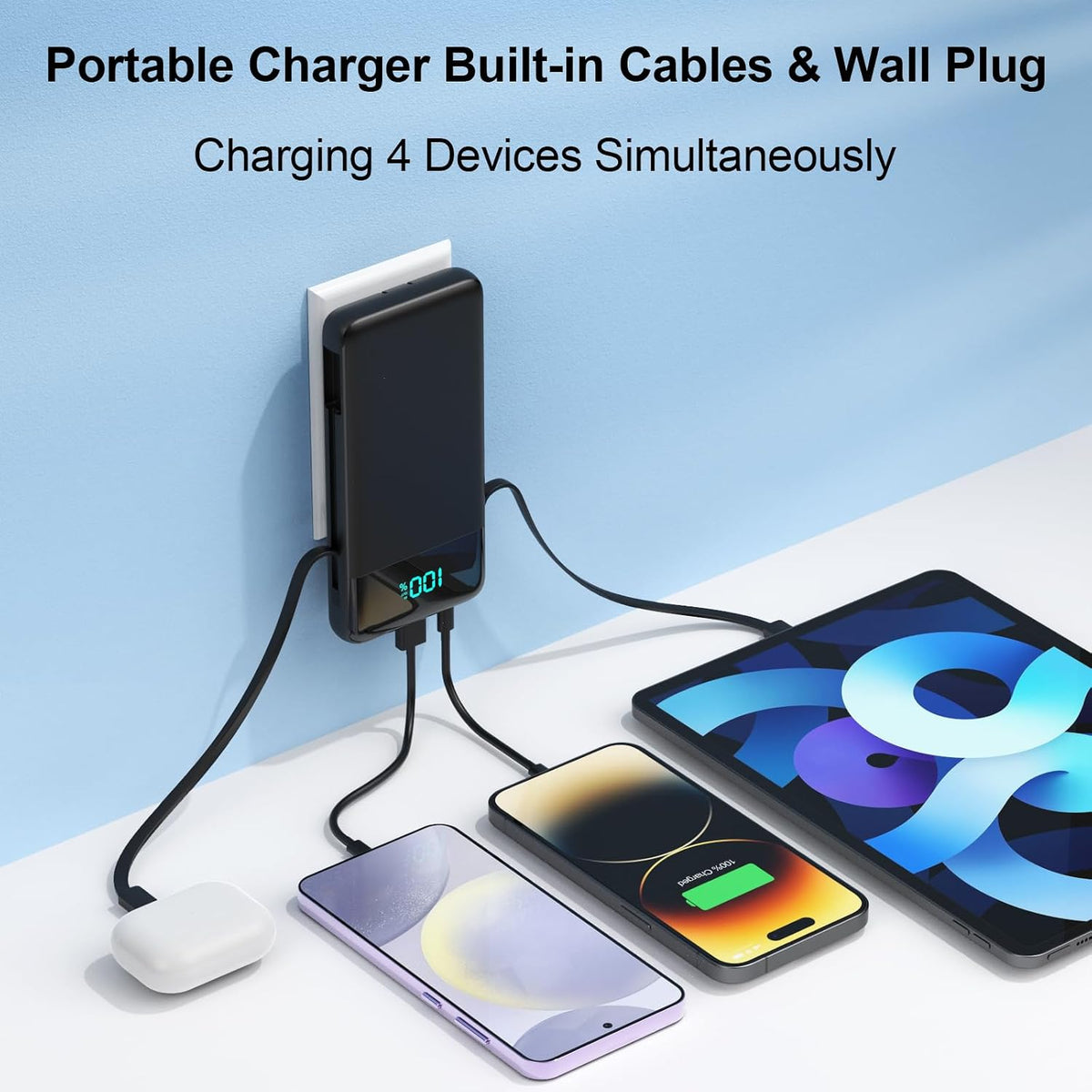 AONIMI Portable Charger for iPhone, 13800mAh Slim Power Bank with Built-in Cables & AC Wall Plug, All in One 4 Outputs USB C Fast Charging Battery Pack Power bank for iPhone 17/16/15/14, Android, Travel Essential
