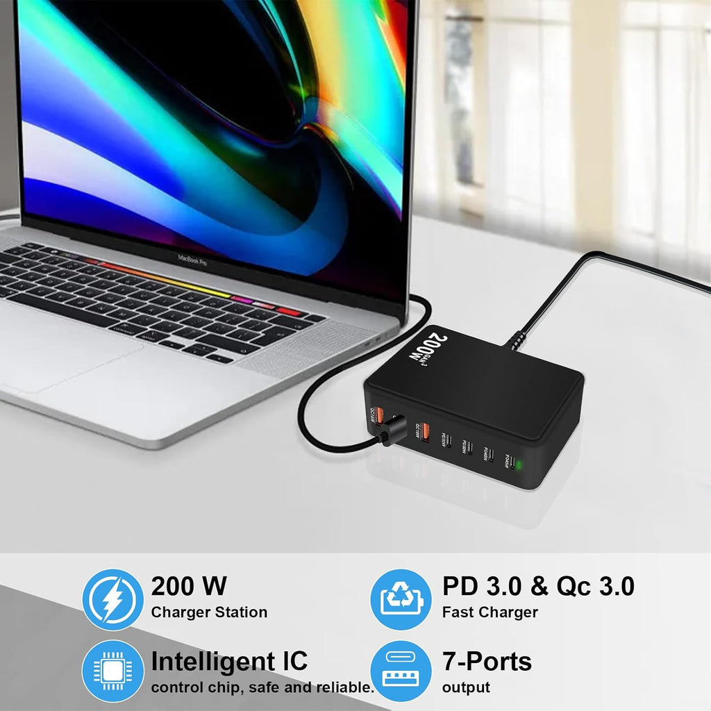From Cacacece: USB C Charger Block 200W PD QC3.0 GaN 7 Port Fast Charging Station (Black) Multiport USB Hub Brick Compatible with Laptop MacBook Pro/Air, iPad, iPhone 17/16/15, Galaxy S23/22, DELL, Steam Deck