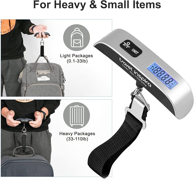 Travel Inspira Digital Luggage Scale – Portable Hanging Suitcase Weight Scale for Travel, 110 lb Capacity, Backlit LCD Display, Prevents Airport Overweight Fees, Battery Included