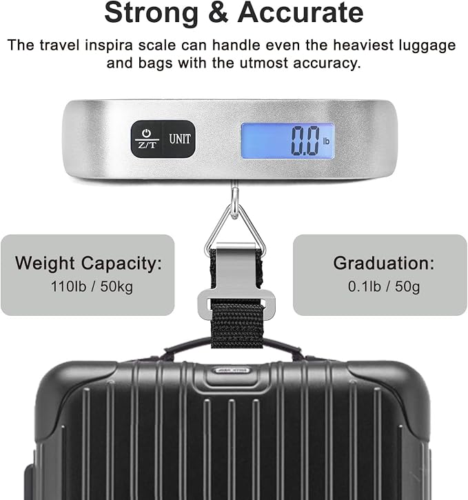 Travel Inspira Digital Luggage Scale – Portable Hanging Suitcase Weight Scale for Travel, 110 lb Capacity, Backlit LCD Display, Prevents Airport Overweight Fees, Battery Included