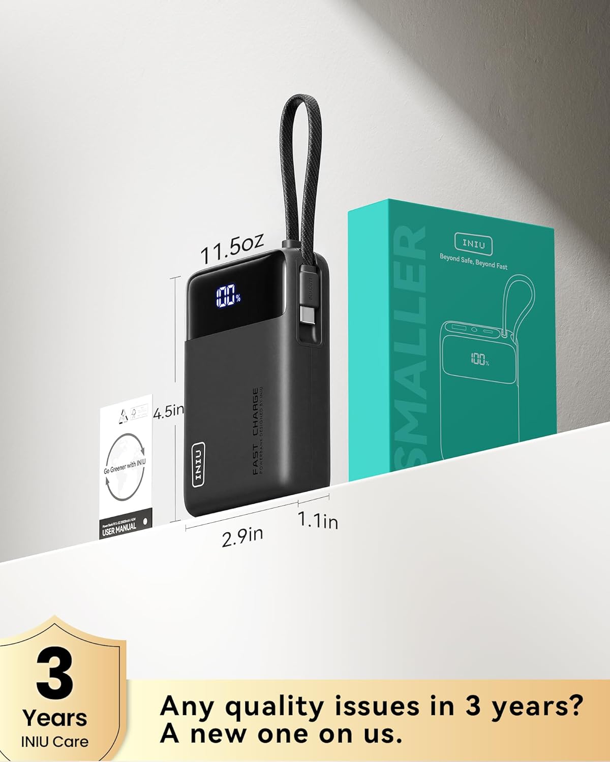 INIU Portable Charger, Smaller 45W Fast Charging Power Bank, 20000mAh Black | Flight-Safe, Built in USB-C Cable, Travel Essentials, Battery Phone Pack for iPhone 17 16 15 Pro, Samsung S26 S25, iPad etc