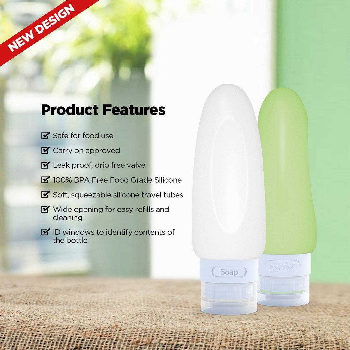 Dot & Dot Leak Proof Travel Bottles - Tubes for Liquid TSA Approved 3oz Silicone Toiletries Travel Shampoo & Conditioner Containers with Labels
