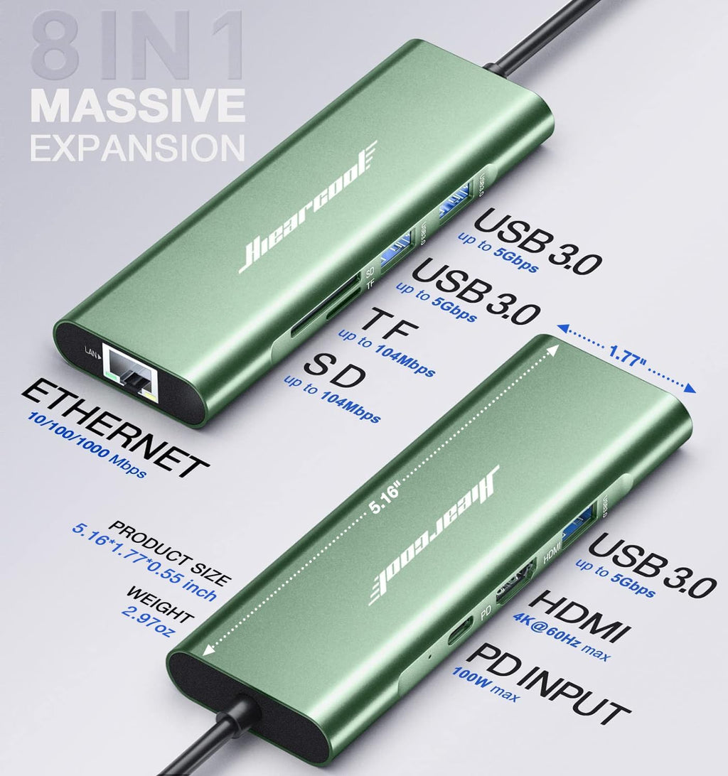 Hiearcool USB C Hub, USB C Dock with Ethernet, 4K@60 HDMI, Green | Durable aluminum build,plug-and-play use and easy portability