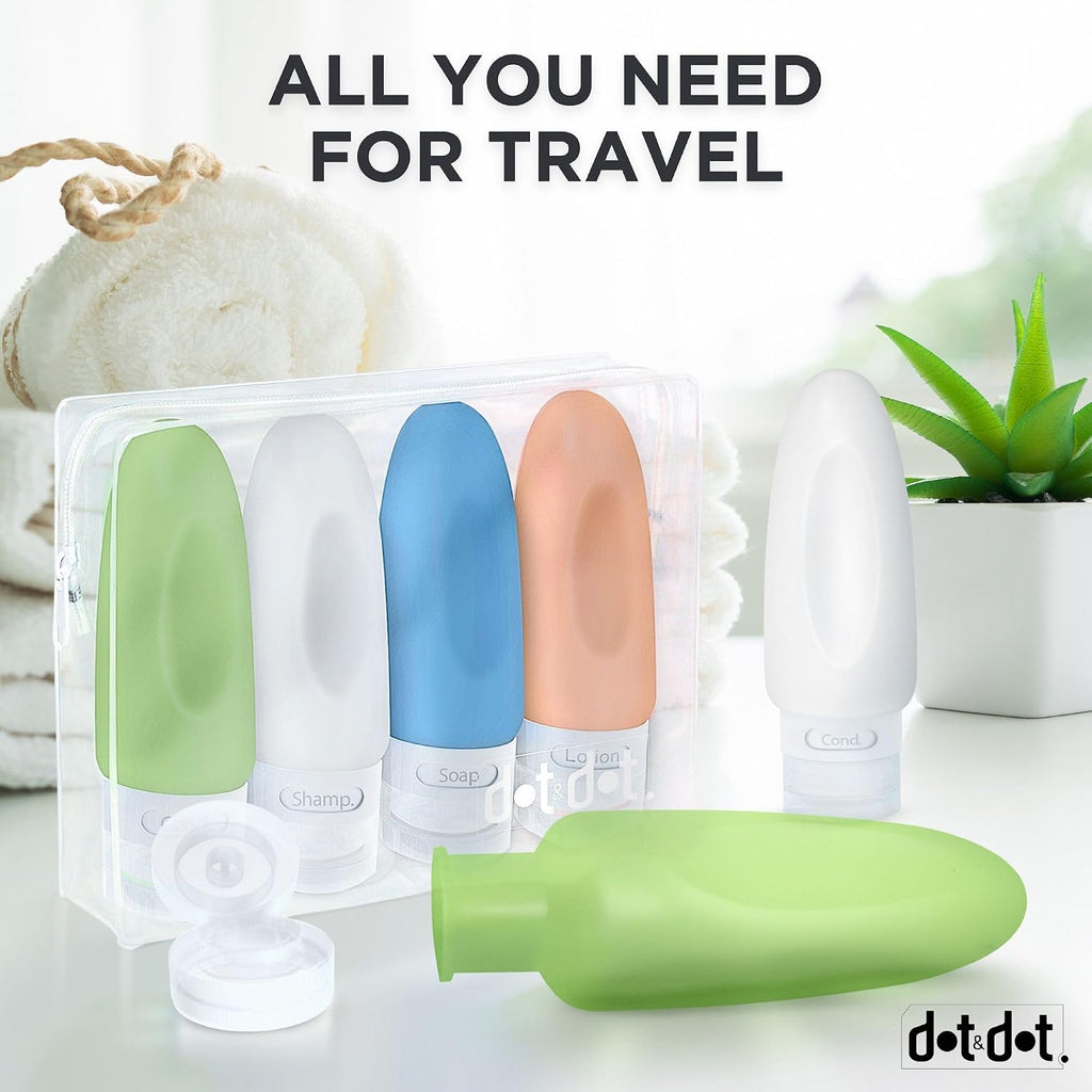 Dot & Dot Leak Proof Travel Bottles - Tubes for Liquid TSA Approved 3oz Silicone Toiletries Travel Shampoo & Conditioner Containers with Labels