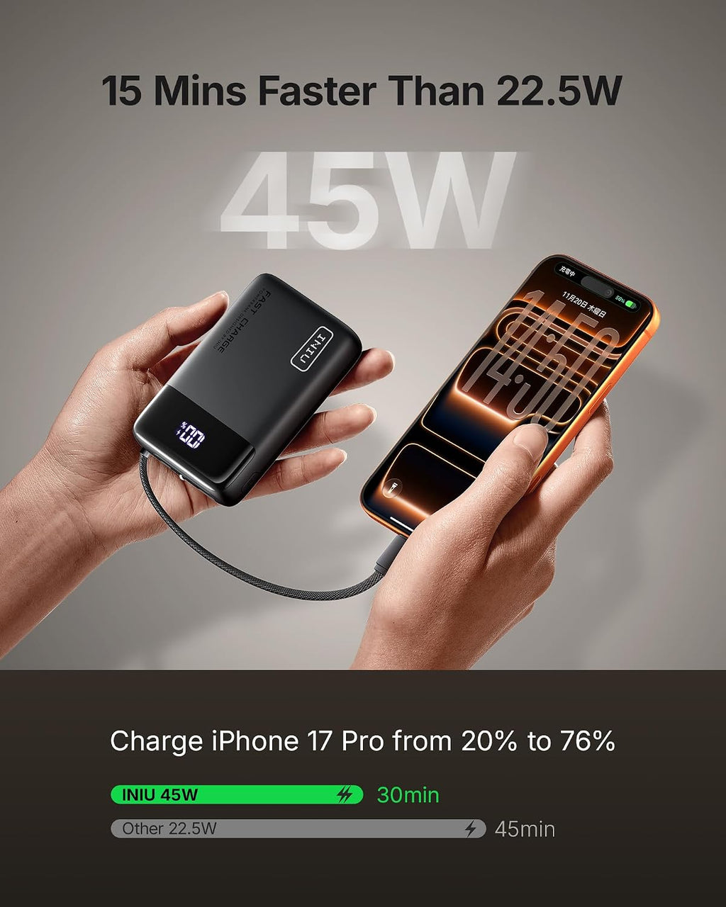 INIU Portable Charger, Smaller 45W Fast Charging Power Bank, 20000mAh Black | Flight-Safe, Built in USB-C Cable, Travel Essentials, Battery Phone Pack for iPhone 17 16 15 Pro, Samsung S26 S25, iPad etc