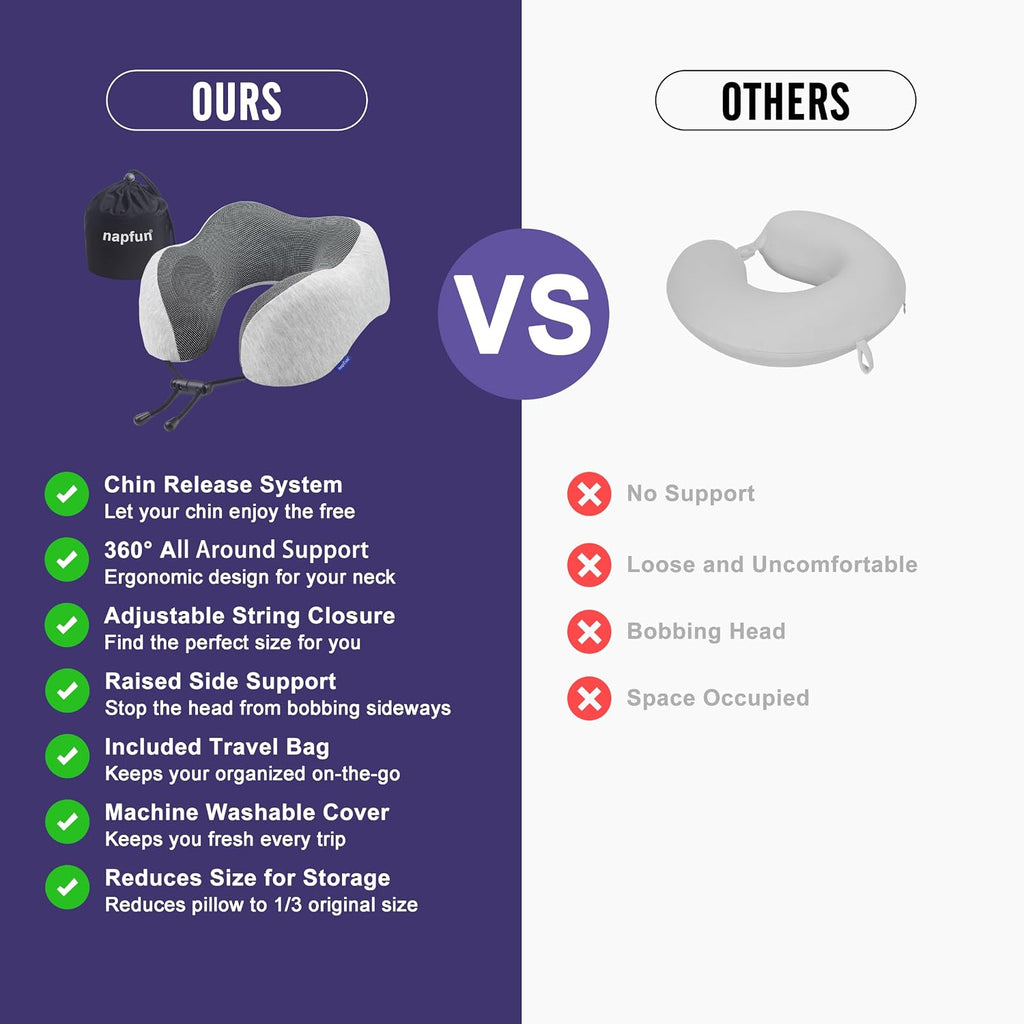 Napfun Neck Pillow for Traveling, Upgraded Travel Neck Pillow for Airplane 100% Pure Memory Foam Travel Pillow for Flight Headrest Sleep, Portable Plane Accessories, Light Grey