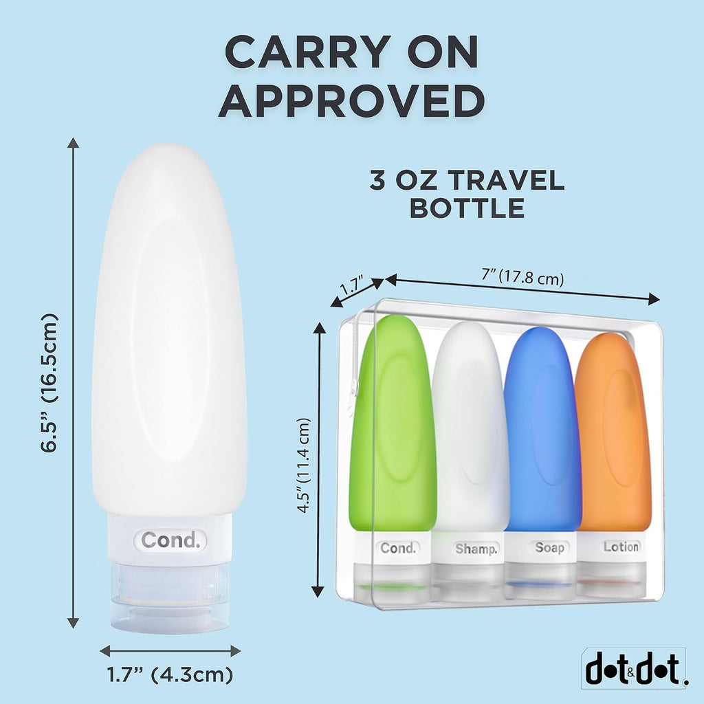 Dot & Dot Leak Proof Travel Bottles - Tubes for Liquid TSA Approved 3oz Silicone Toiletries Travel Shampoo & Conditioner Containers with Labels