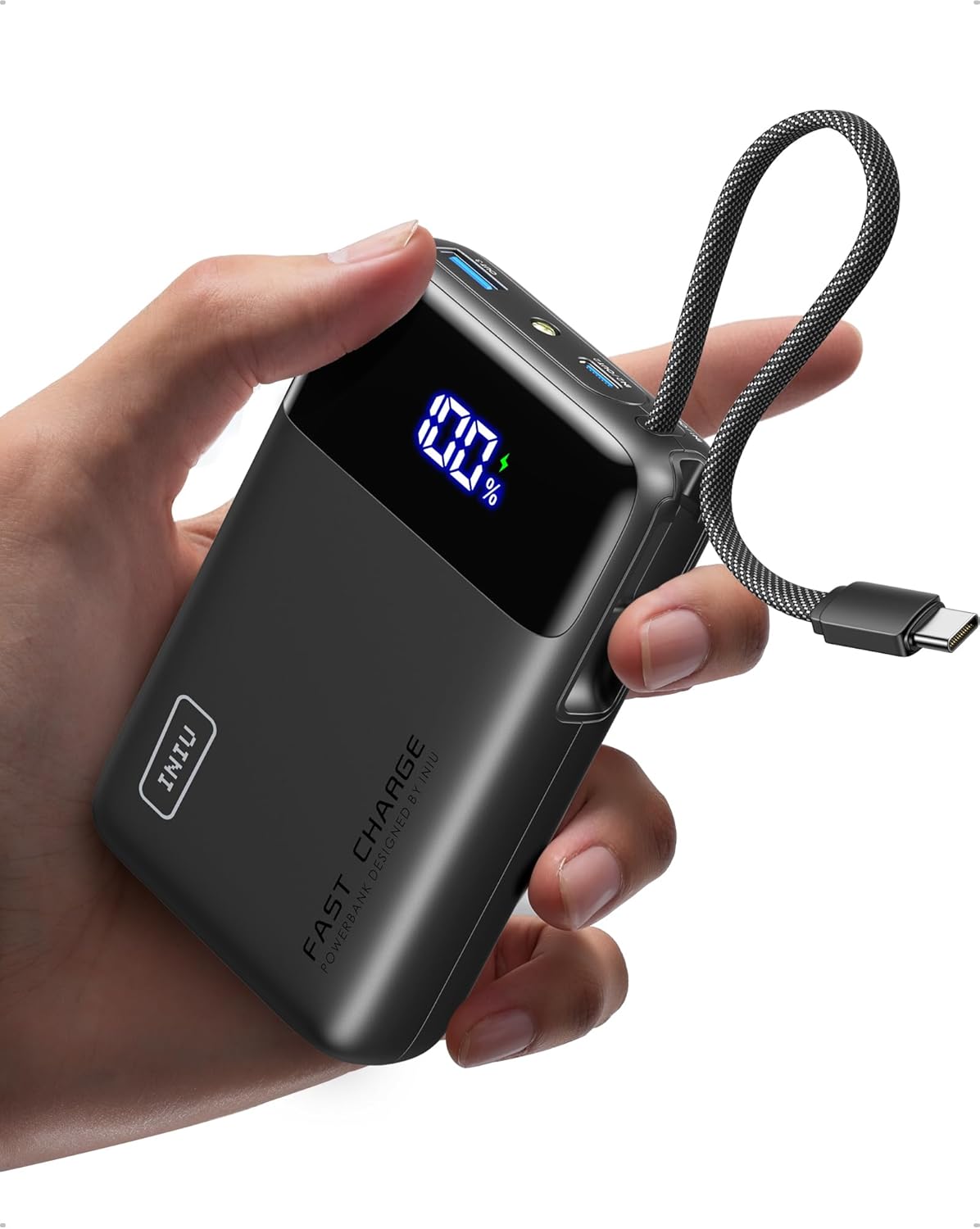 INIU Portable Charger, Smaller 45W Fast Charging Power Bank, 20000mAh Black | Flight-Safe, Built in USB-C Cable, Travel Essentials, Battery Phone Pack for iPhone 17 16 15 Pro, Samsung S26 S25, iPad etc