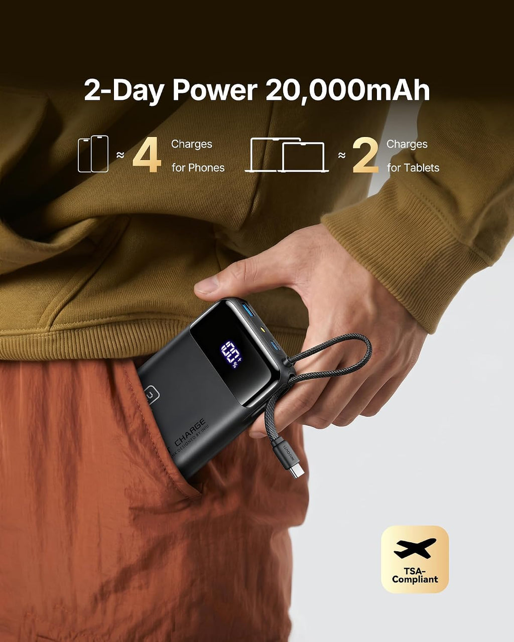 INIU Portable Charger, Smaller 45W Fast Charging Power Bank, 20000mAh Black | Flight-Safe, Built in USB-C Cable, Travel Essentials, Battery Phone Pack for iPhone 17 16 15 Pro, Samsung S26 S25, iPad etc