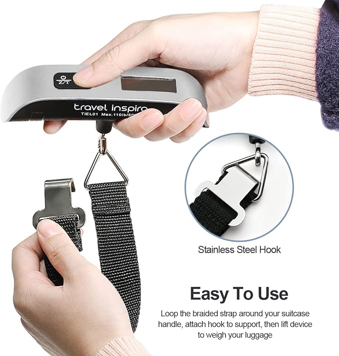 Travel Inspira Digital Luggage Scale – Portable Hanging Suitcase Weight Scale for Travel, 110 lb Capacity, Backlit LCD Display, Prevents Airport Overweight Fees, Battery Included