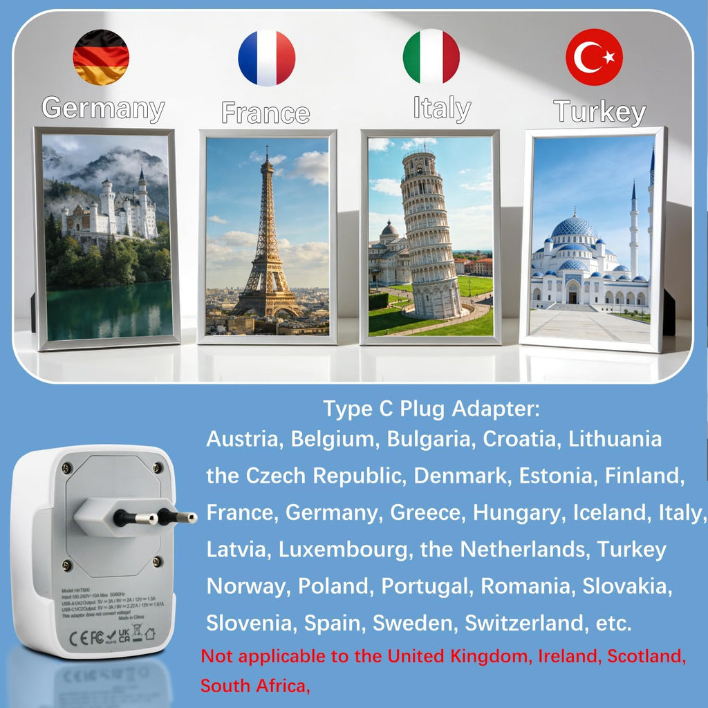 RHAICXANS European Travel Power Adapter with 4-Port Charging | 2x 20W USB-C & 2x 18W USB-A Fast Charge | EU Socket for Germany, France, Spain, Italy, Greece & More