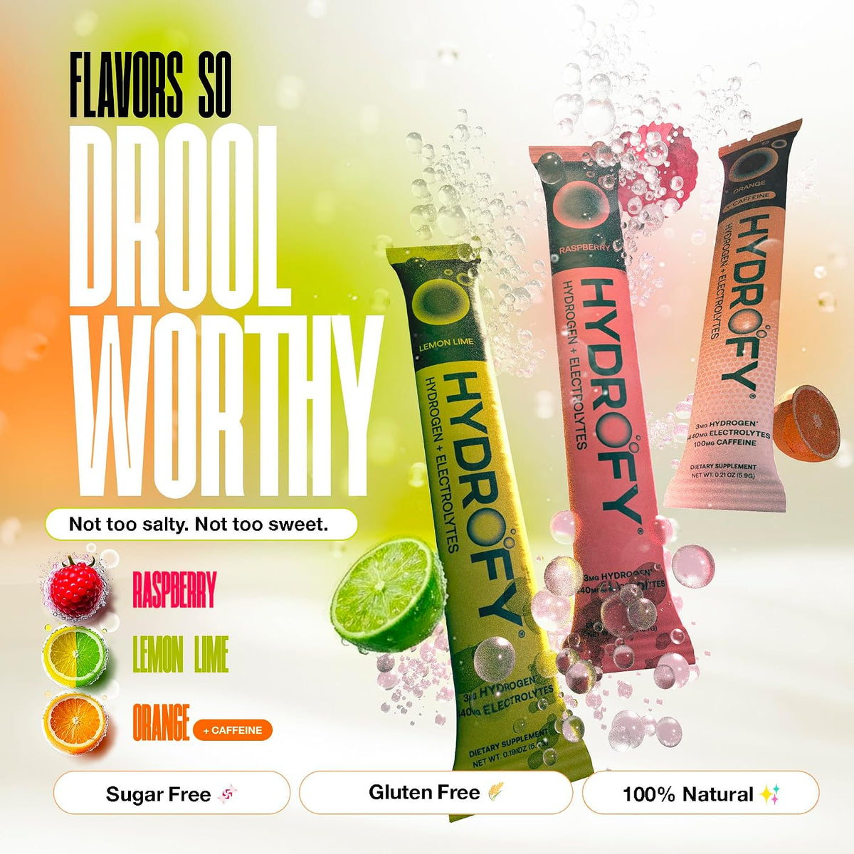 Hydrofy Hydrogen Water + Electrolytes Drink Mix | H2 Hydration Packets with Molecular Hydrogen, Sodium, Potassium, Magnesium, Calcium, and Minerals | No Sugar | Lemon Lime | 25 ct