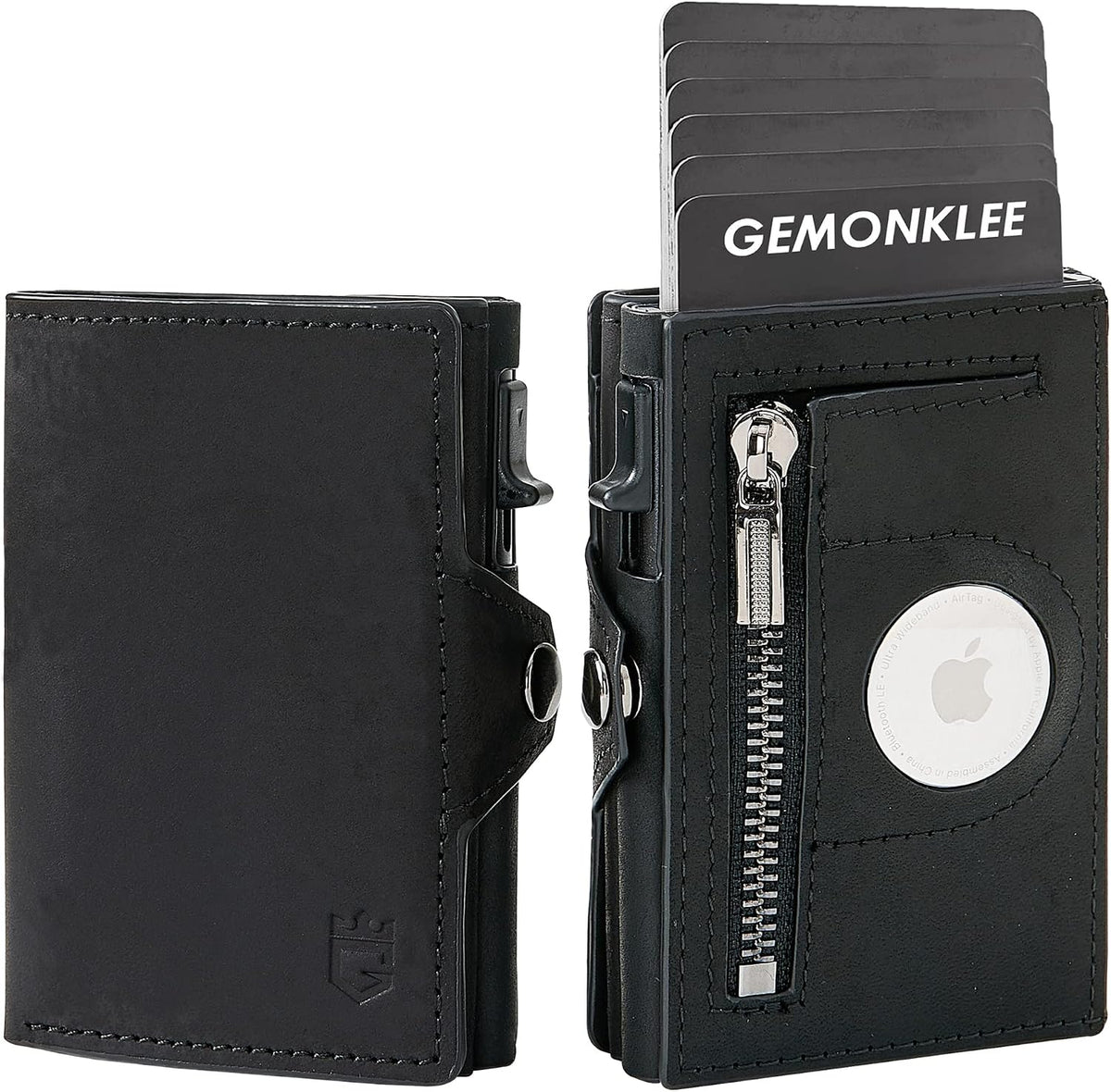 Gemonklee Mens Wallet Card Holder for AirTag, Leather Smart Wallet for Men, AirTag Wallet Pop Up Wallet, RFID Blocking, Slim, Carbon Fiber, Minimalist - 10-14 Card Capacity | ID Window | Cash Slot (Black)