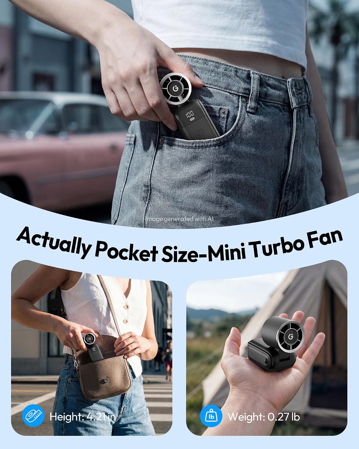 Gaiatop Portable Mini Fan Handheld, 3-in-1 Foldable Pocket Fan, Up to 15H | Personal Small Hand Fan, 6-Speed Turbo Cooling, USB Rechargeable, Outdoor Travel Essentials, Gifts for Women Men Teens, Black