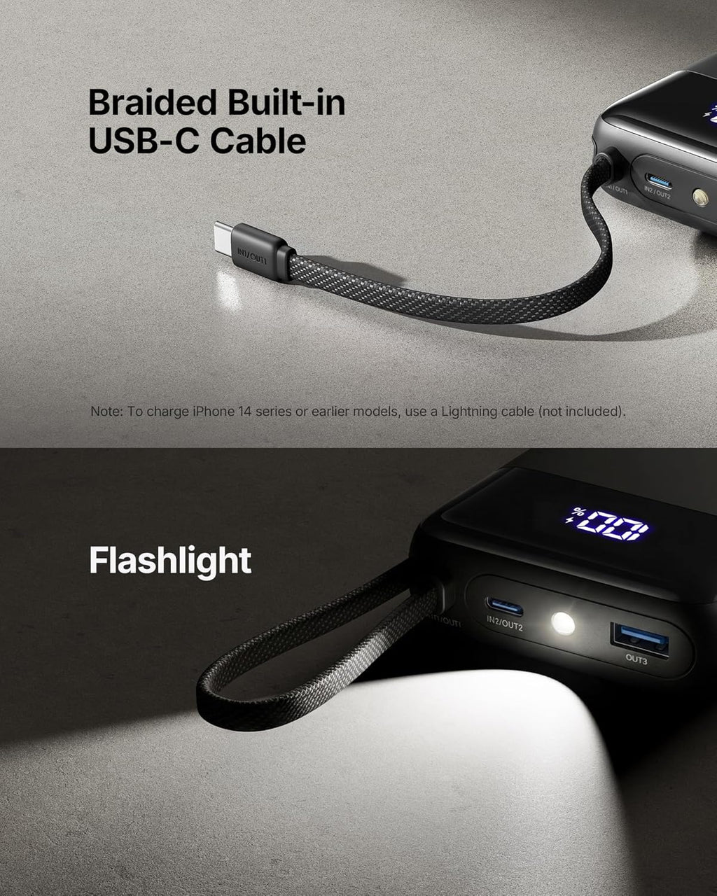 INIU Portable Charger, Smaller 45W Fast Charging Power Bank, 20000mAh Black | Flight-Safe, Built in USB-C Cable, Travel Essentials, Battery Phone Pack for iPhone 17 16 15 Pro, Samsung S26 S25, iPad etc