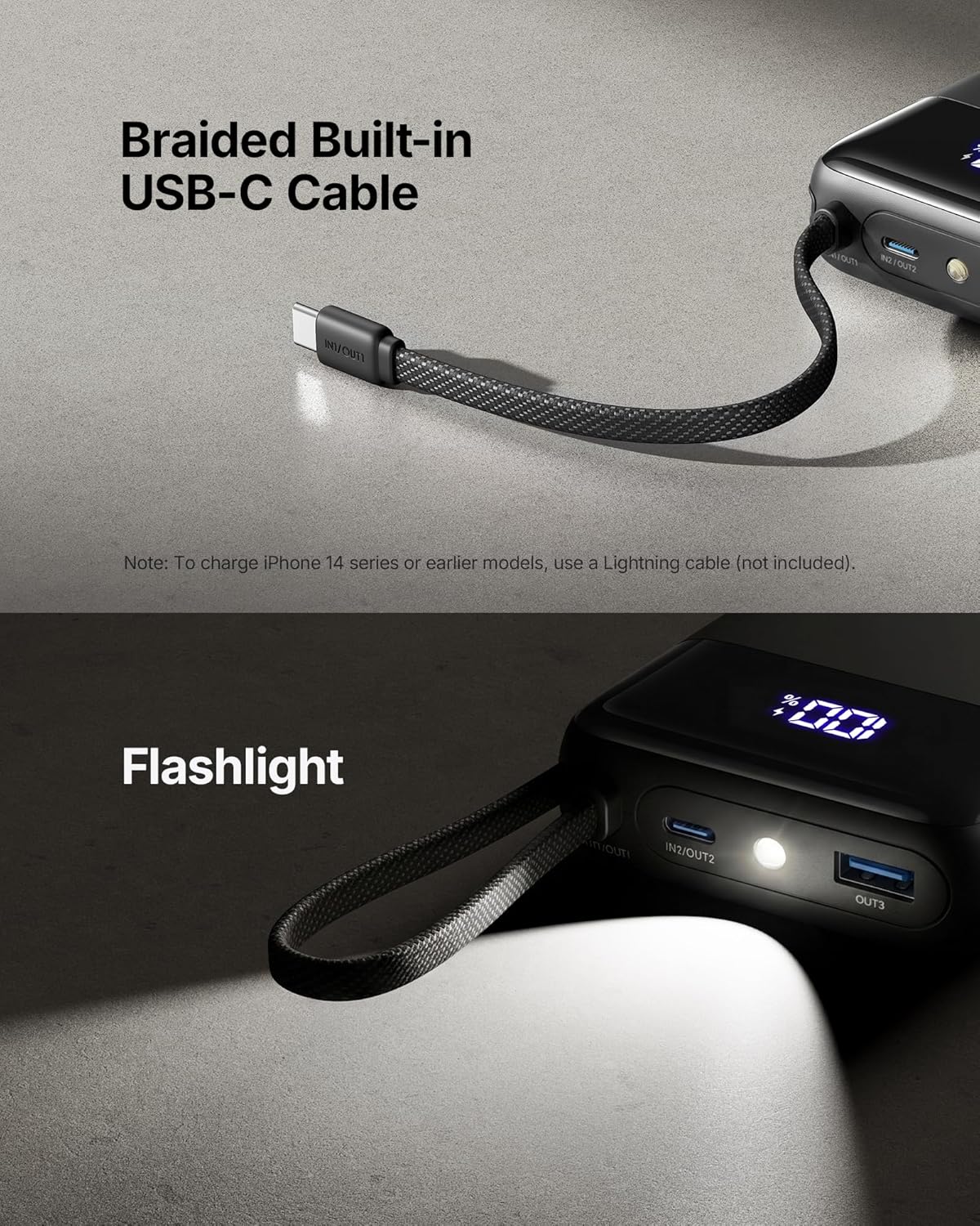 INIU Portable Charger, Smaller 45W Fast Charging Power Bank, 20000mAh Black | Flight-Safe, Built in USB-C Cable, Travel Essentials, Battery Phone Pack for iPhone 17 16 15 Pro, Samsung S26 S25, iPad etc