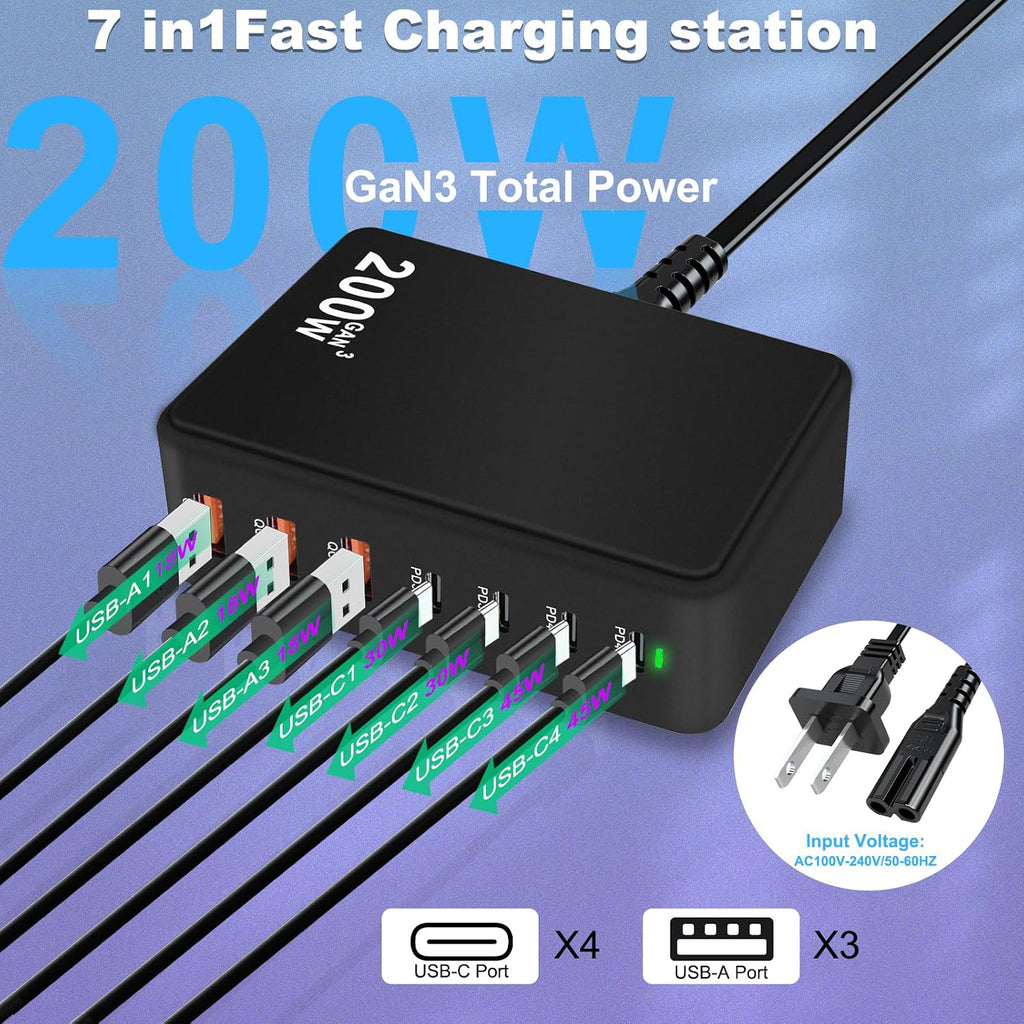 From Cacacece: USB C Charger Block 200W PD QC3.0 GaN 7 Port Fast Charging Station (Black) Multiport USB Hub Brick Compatible with Laptop MacBook Pro/Air, iPad, iPhone 17/16/15, Galaxy S23/22, DELL, Steam Deck