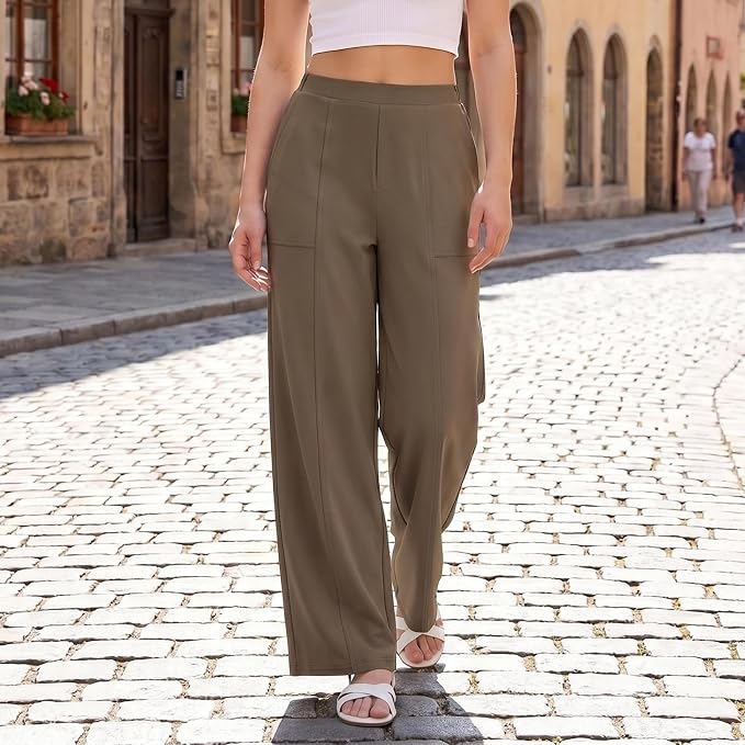 Keeliya Womens Travel Pants Wide Leg Mid Rise Work Office Trousers Business Pant with Pockets(Mocha,XS)