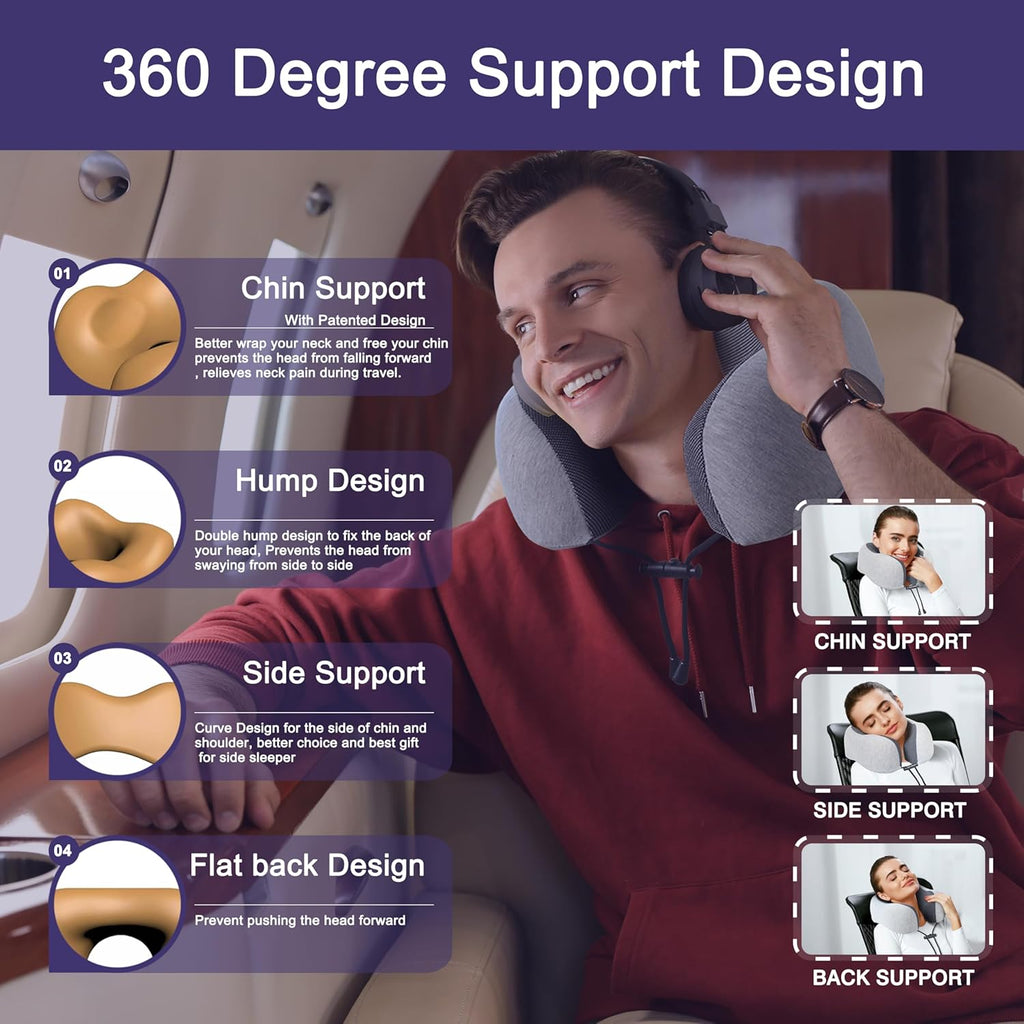 Napfun Neck Pillow for Traveling, Upgraded Travel Neck Pillow for Airplane 100% Pure Memory Foam Travel Pillow for Flight Headrest Sleep, Portable Plane Accessories, Light Grey