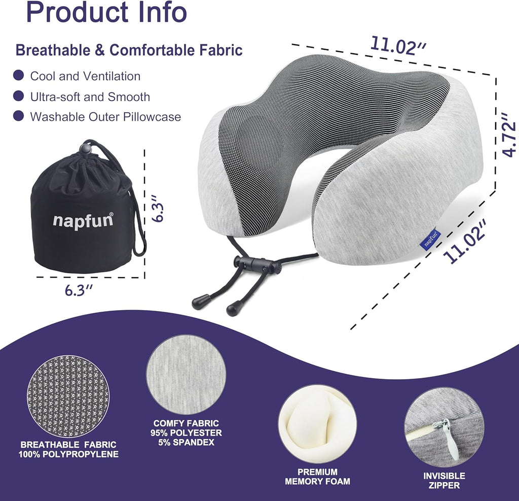 Napfun Neck Pillow for Traveling, Upgraded Travel Neck Pillow for Airplane 100% Pure Memory Foam Travel Pillow for Flight Headrest Sleep, Portable Plane Accessories, Light Grey