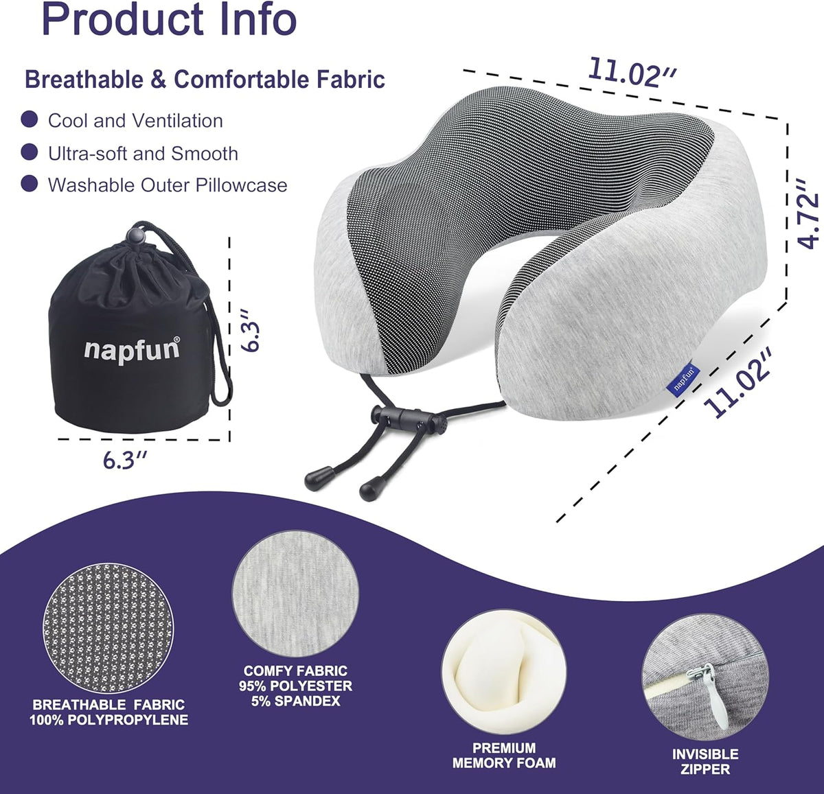 Napfun Neck Pillow for Traveling, Upgraded Travel Neck Pillow for Airplane 100% Pure Memory Foam Travel Pillow for Flight Headrest Sleep, Portable Plane Accessories, Light Grey