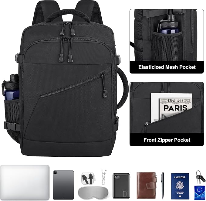 HILOMON Personal Item Size Travel Backpack, Carry On Bag Flight Approved | TSA 17inch Laptop Travel Backpack, Fit 18x14x8 Under-seat 30L Lightweight Bag, Airplane Approved Overnight Weekender Bag