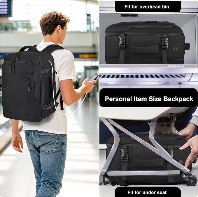HILOMON Personal Item Size Travel Backpack, Carry On Bag Flight Approved | TSA 17inch Laptop Travel Backpack, Fit 18x14x8 Under-seat 30L Lightweight Bag, Airplane Approved Overnight Weekender Bag