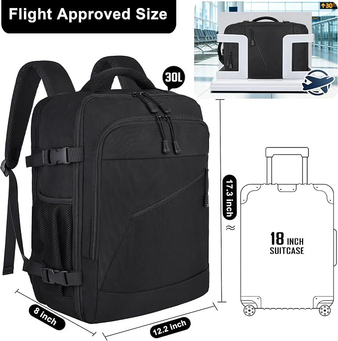 HILOMON Personal Item Size Travel Backpack, Carry On Bag Flight Approved | TSA 17inch Laptop Travel Backpack, Fit 18x14x8 Under-seat 30L Lightweight Bag, Airplane Approved Overnight Weekender Bag