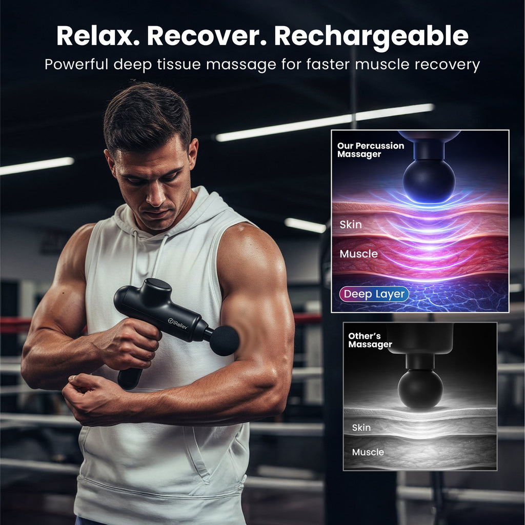 iReliev Percussion Massage Gun – 3-Speed Deep Tissue Massager for Recovery & Pain Relief