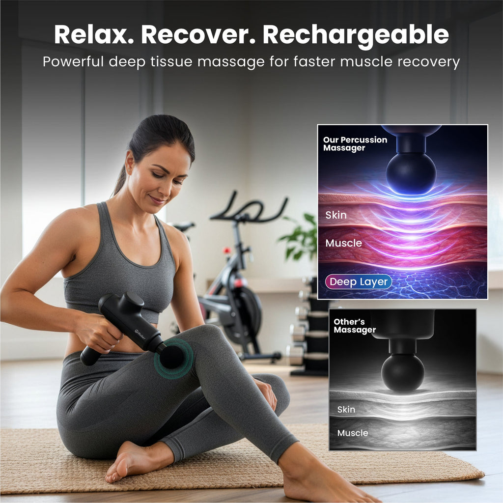 iReliev Percussion Massage Gun – 3-Speed Deep Tissue Massager for Recovery & Pain Relief
